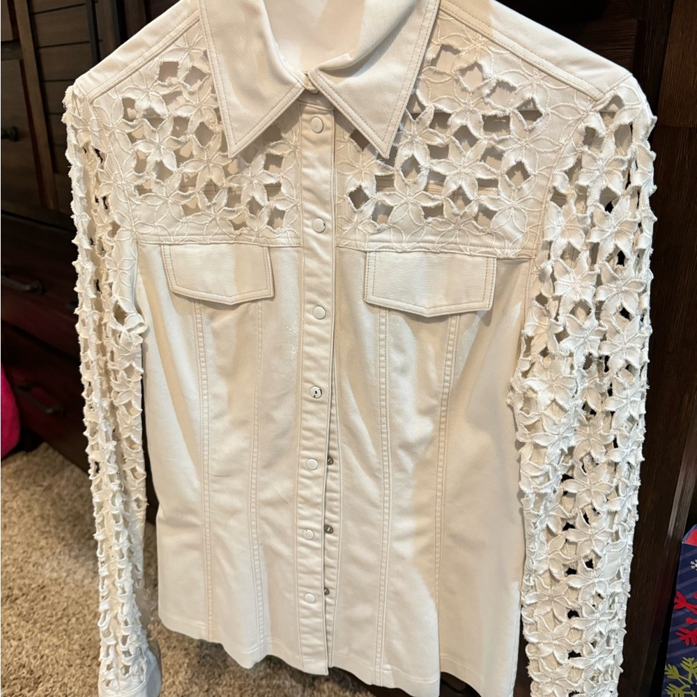 Anne Fontaine Ivory Crochet-Sleeve Button Down Shirt